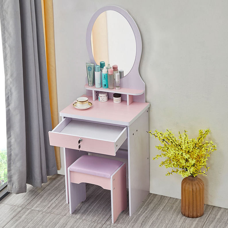 Dressing Table Set With Stool, Wood Makeup Desk Vanity With Round Mirror Desk and Cushioned Stool Set