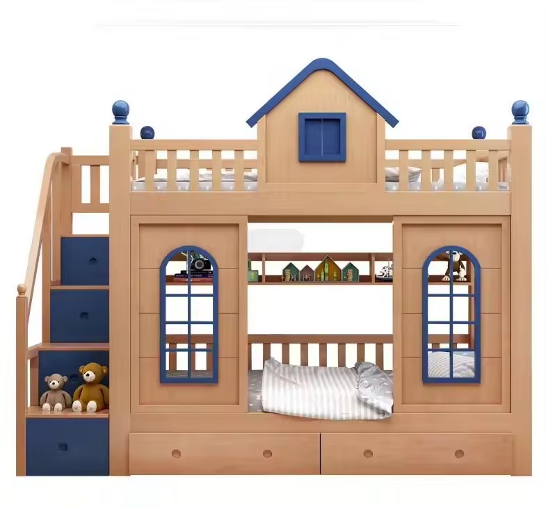 Modern Style Kids Wooden Castle Bed Multifunctional Solid Wood Bunk Bed