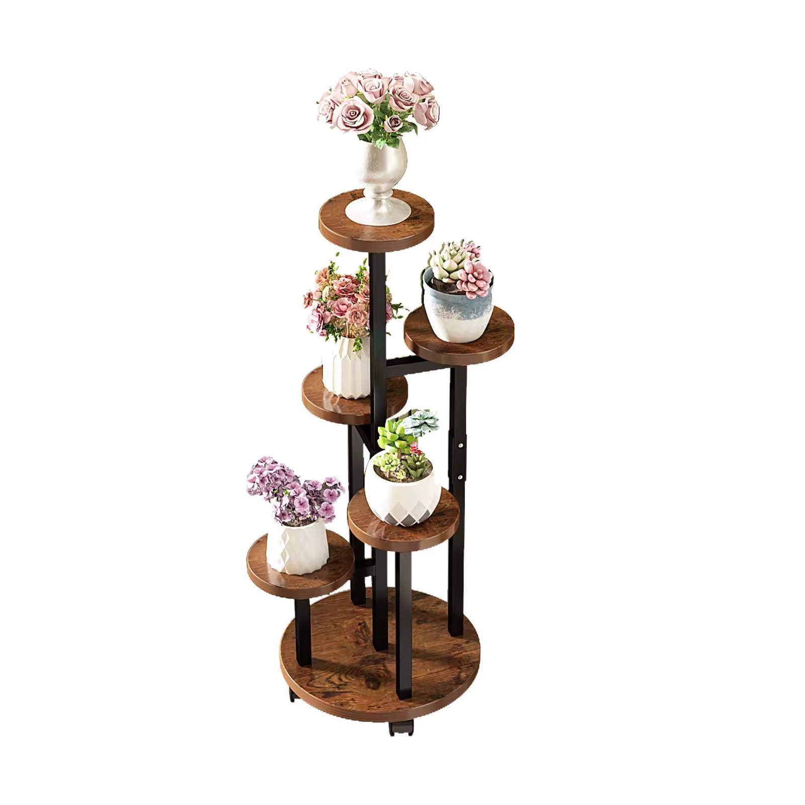 Floor Wrought Iron & Wooden Flower Shelf Home Garden Multi Layer Flower Plant Stand