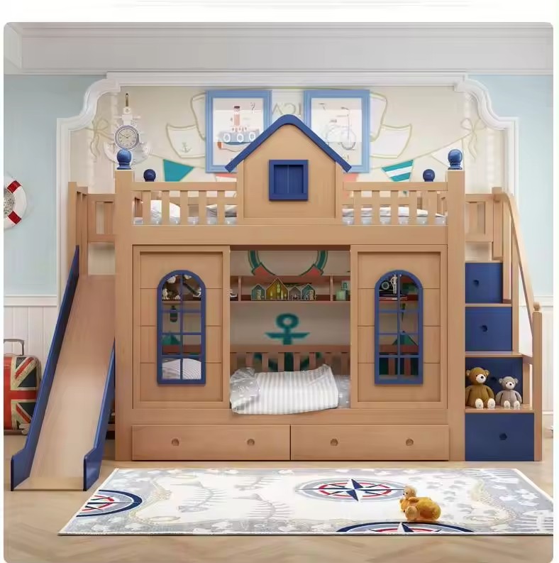 Modern Style Kids Wooden Castle Bed Multifunctional Solid Wood Bunk Bed