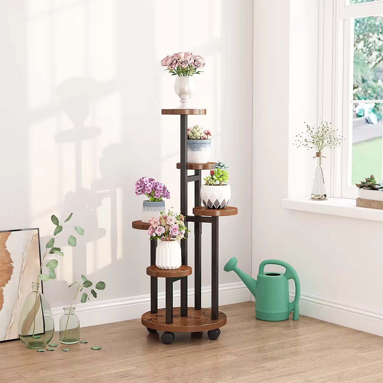 Floor Wrought Iron & Wooden Flower Shelf Home Garden Multi Layer Flower Plant Stand