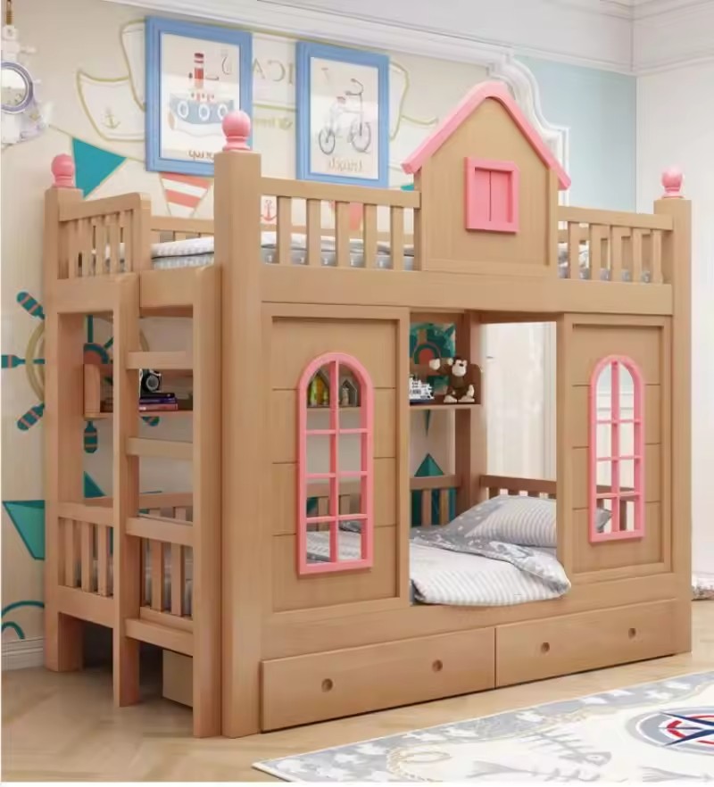 Modern Style Kids Wooden Castle Bed Multifunctional Solid Wood Bunk Bed