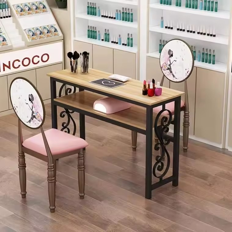 Wooden Metal Frame Manicure Table And Chairs Set Modern Nail Manicure Tables