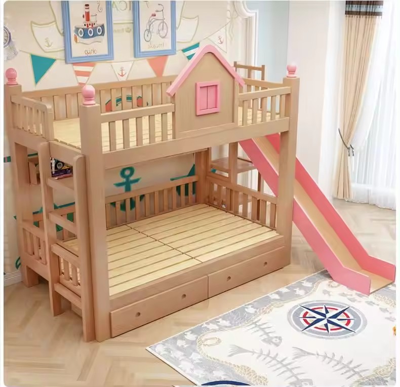 Modern Style Kids Wooden Castle Bed Multifunctional Solid Wood Bunk Bed