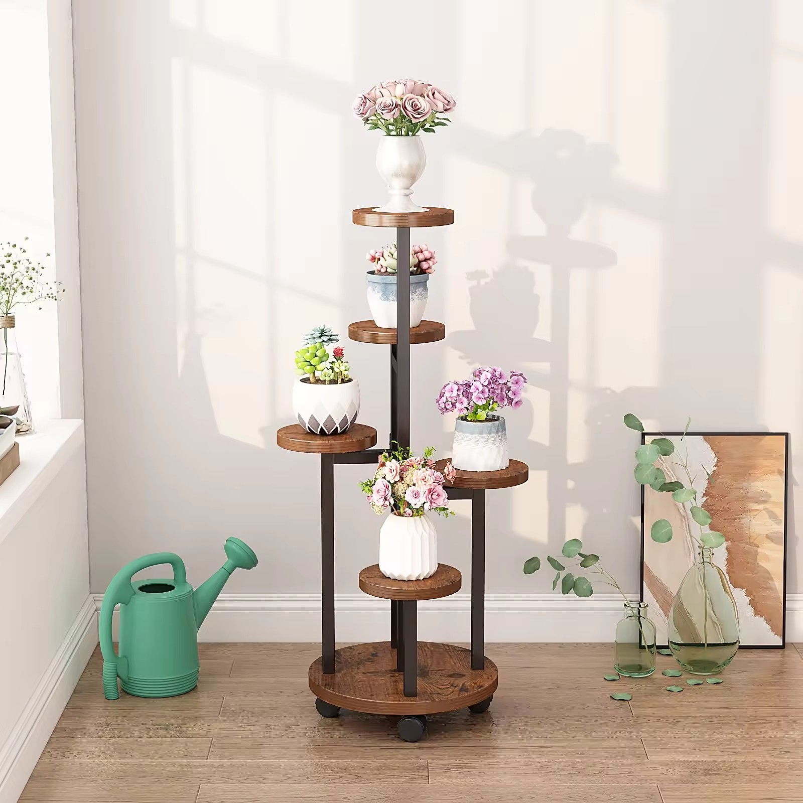 Floor Wrought Iron & Wooden Flower Shelf Home Garden Multi Layer Flower Plant Stand