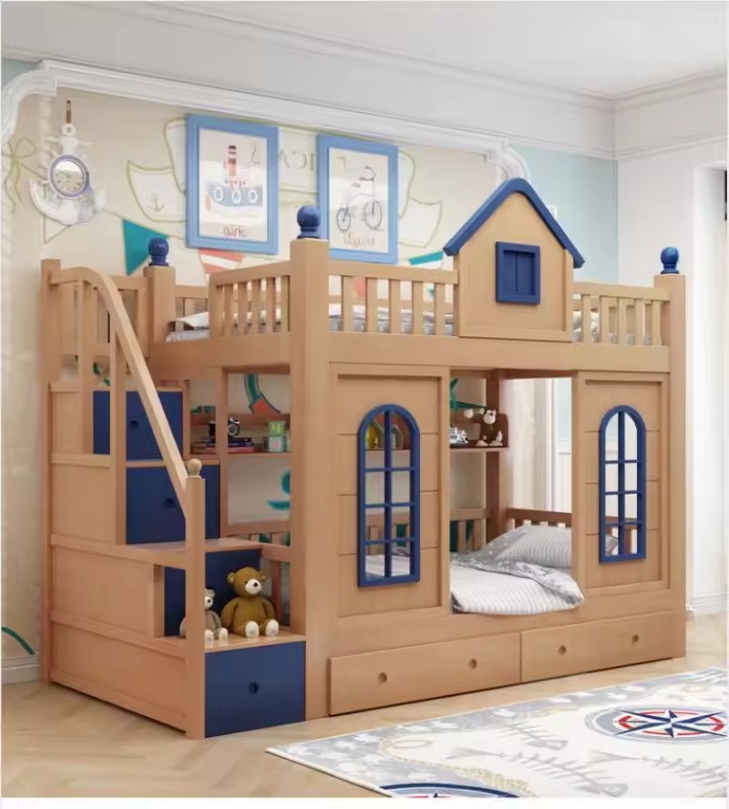 Modern Style Kids Wooden Castle Bed Multifunctional Solid Wood Bunk Bed